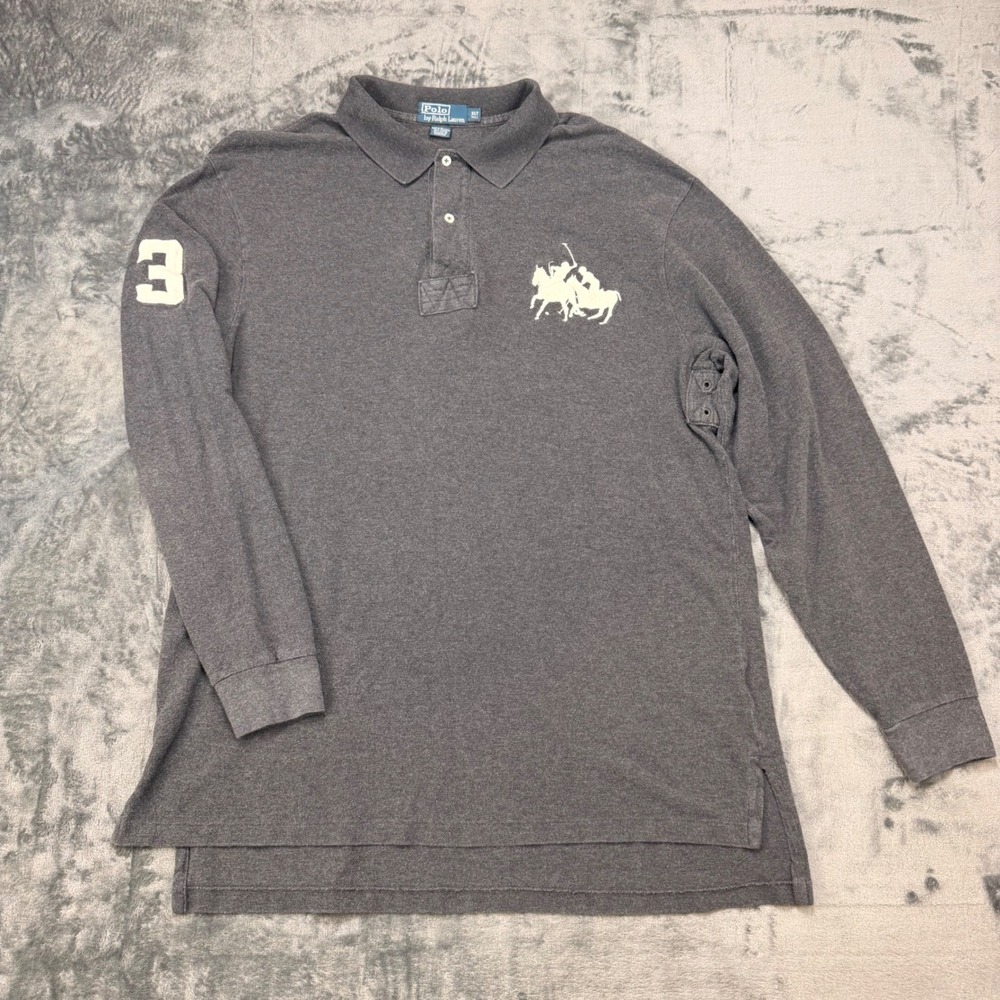 Y2K‎ Polo Ralph Lauren XLT Big Pony Long Sleeve Rugby Polo Gray Tall Mens XLT